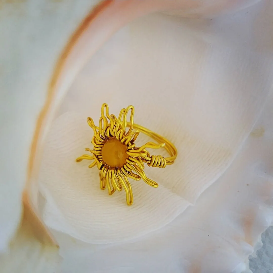 Island Girl Jewelry - Handmade Wire Wrapped Ring with Glass and Citrine Gemstone Sun - Unique Boho Style