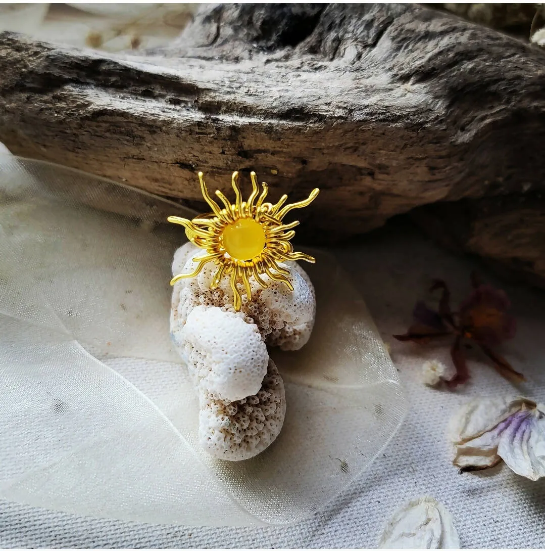 Island Girl Jewelry - Handmade Wire Wrapped Ring with Glass and Citrine Gemstone Sun - Unique Boho Style