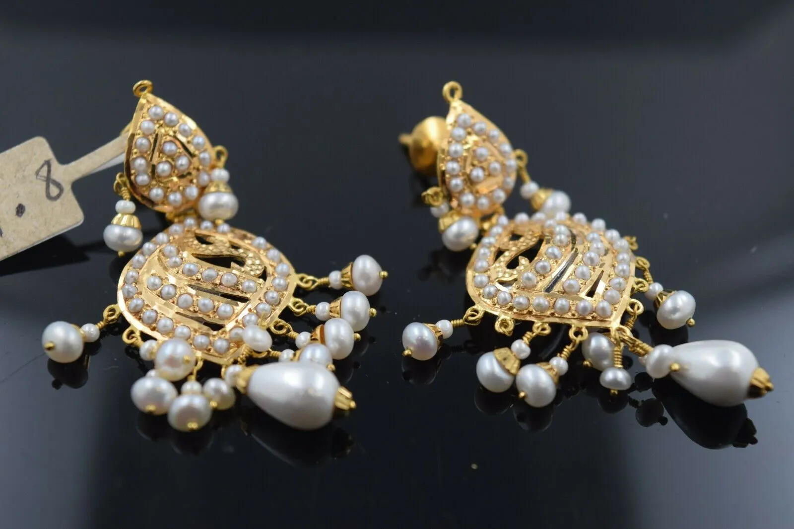 Ladies 22k Solid Gold Earrings with Pearl Filigree Design E6654