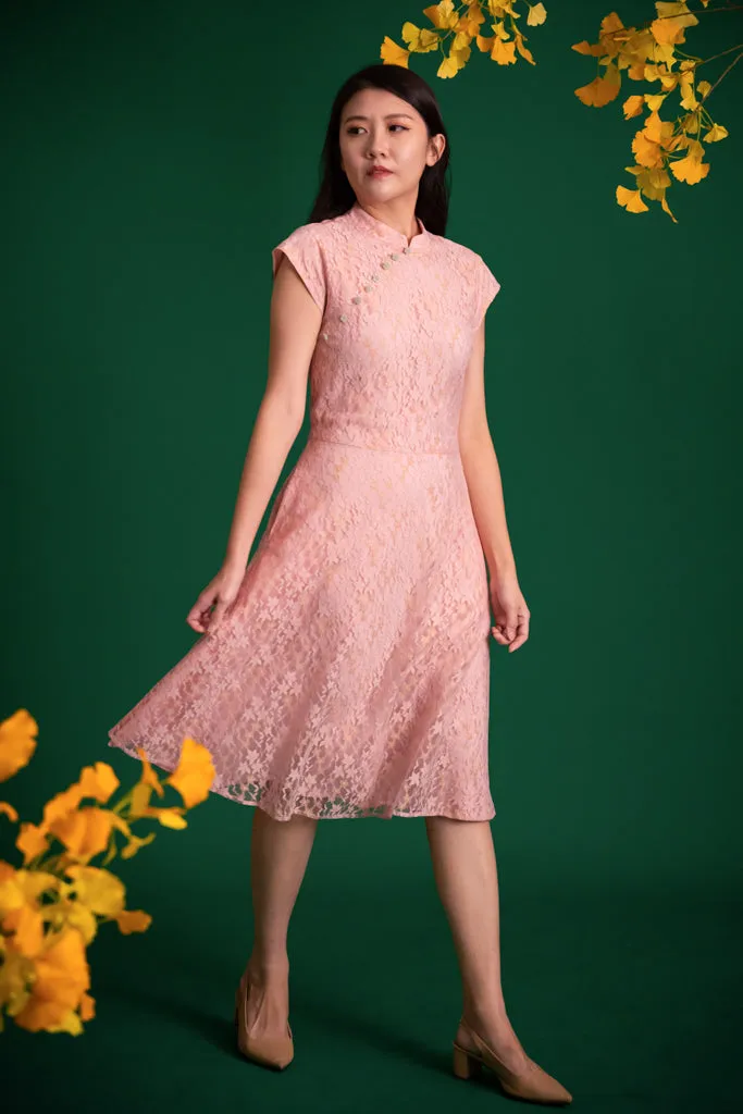 Womens Pink Gold Lace Holly Cheongsam