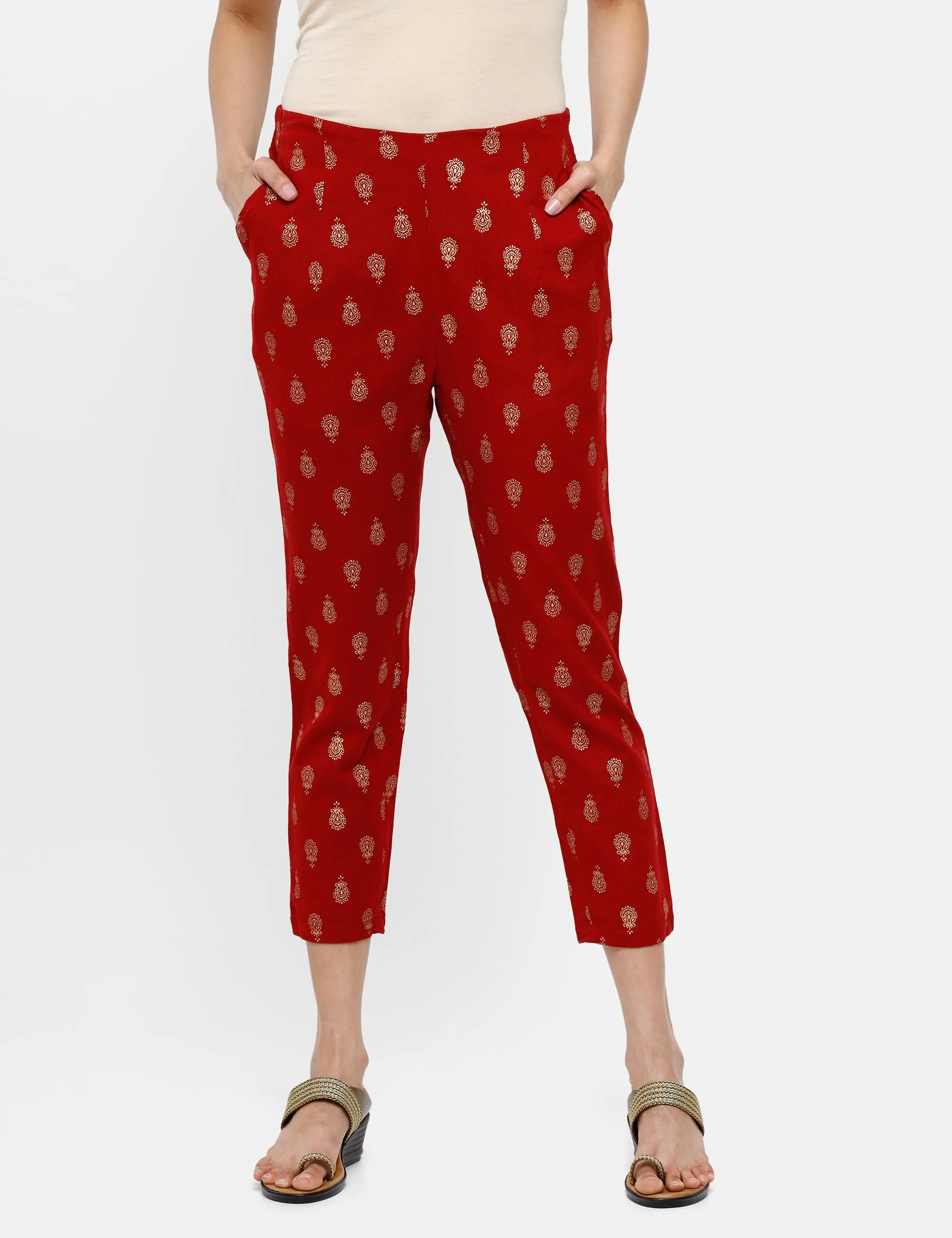 Ladies Printed Straight Pant Maroon