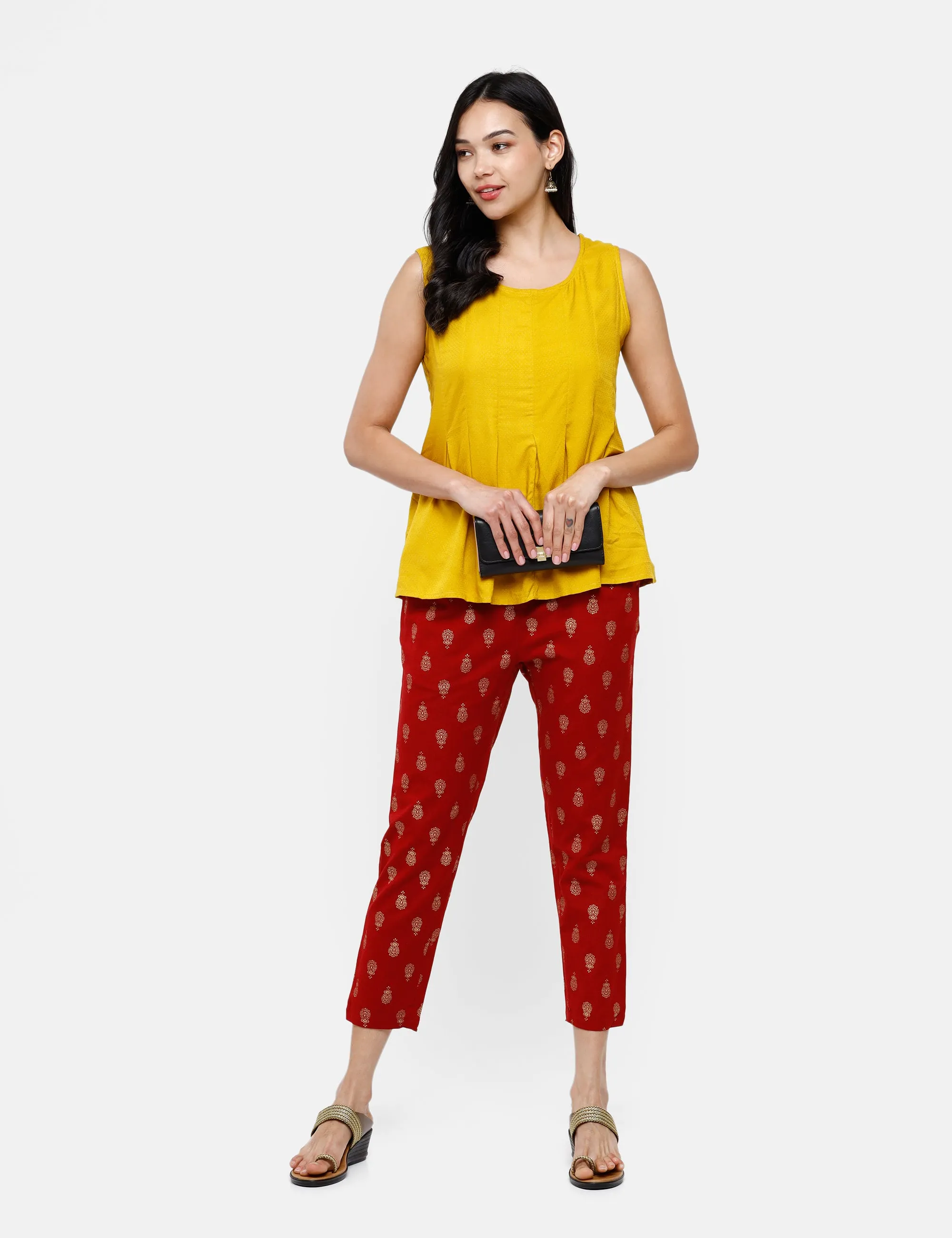 Ladies Printed Straight Pant Maroon