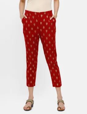 Ladies Printed Straight Pant Maroon