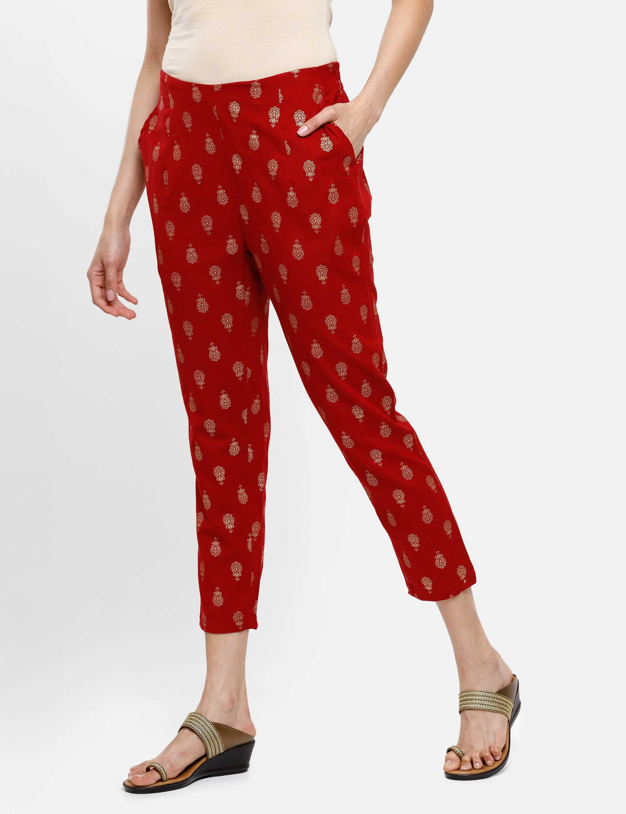 Ladies Printed Straight Pant Maroon