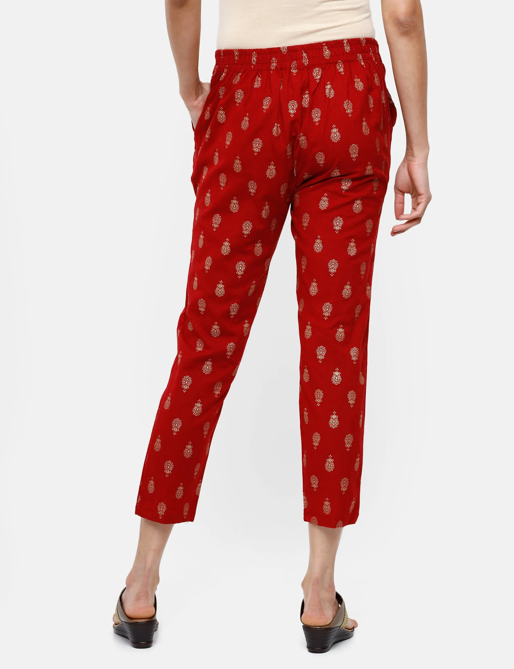 Ladies Printed Straight Pant Maroon