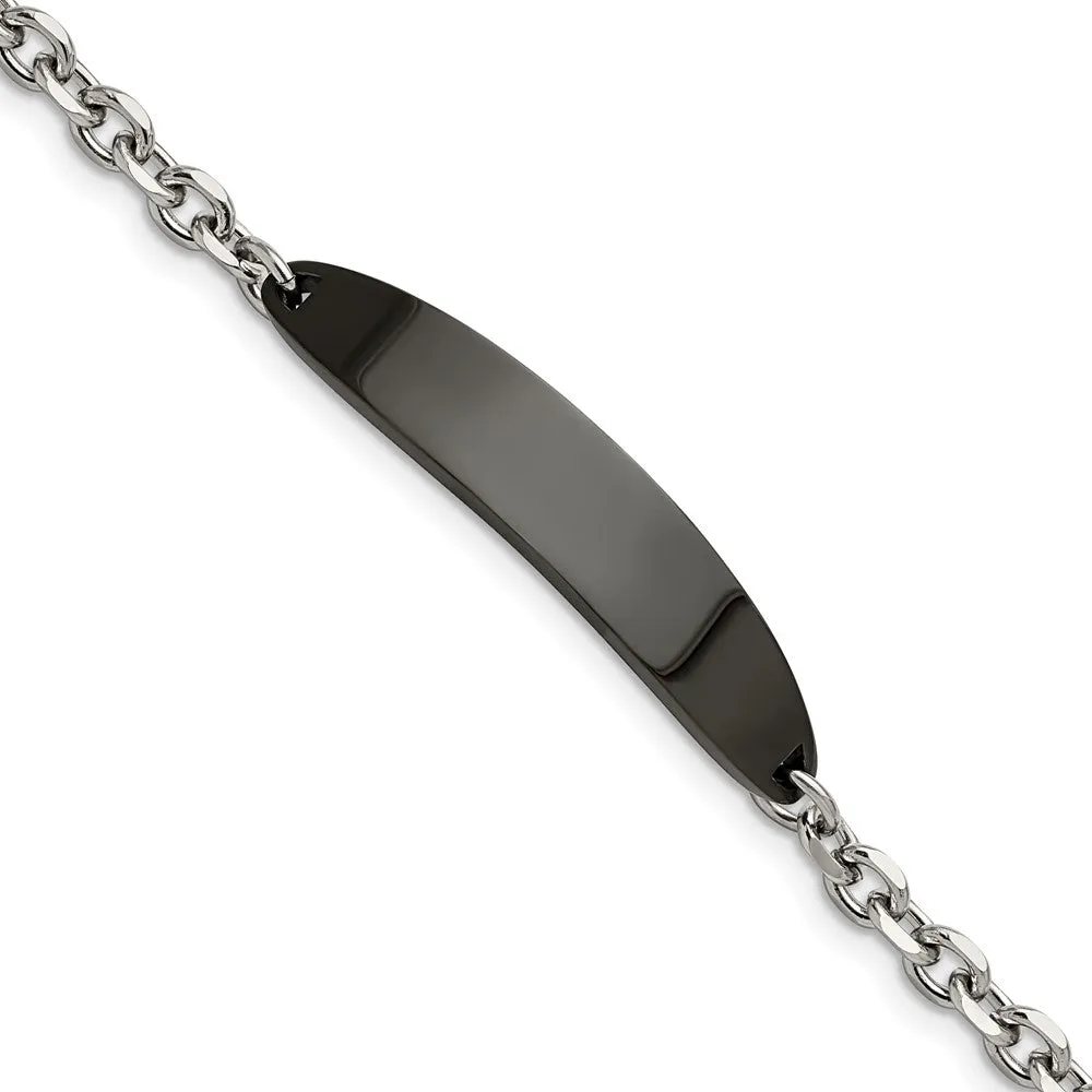 Ladies Stainless Steel Cable Link & Black Plated I.D. Bracelet, 8 Inch