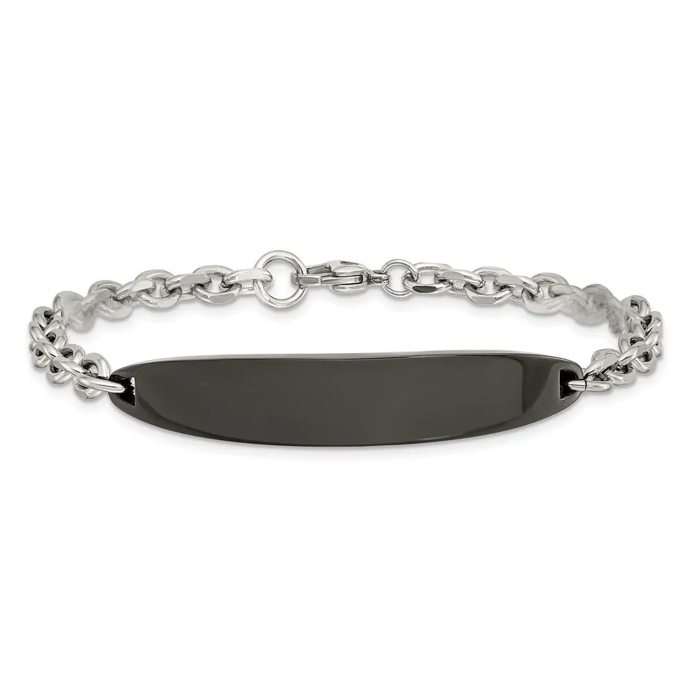 Ladies Stainless Steel Cable Link & Black Plated I.D. Bracelet, 8 Inch