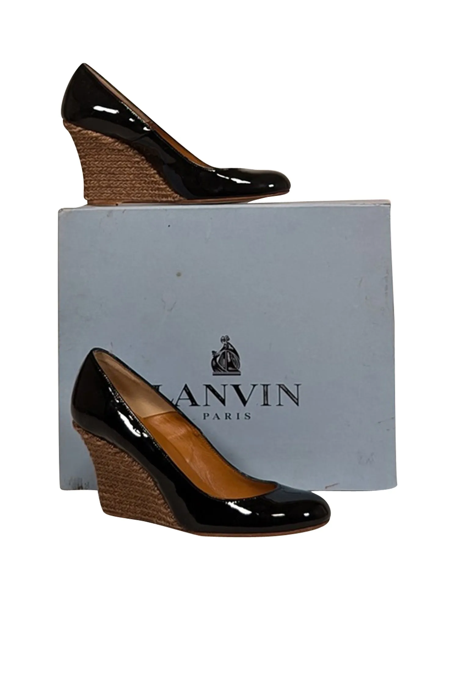 Lanvin - Black Patent Leather Espadrille Wedges Sz 8