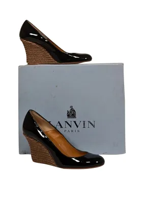 Lanvin - Black Patent Leather Espadrille Wedges Sz 8