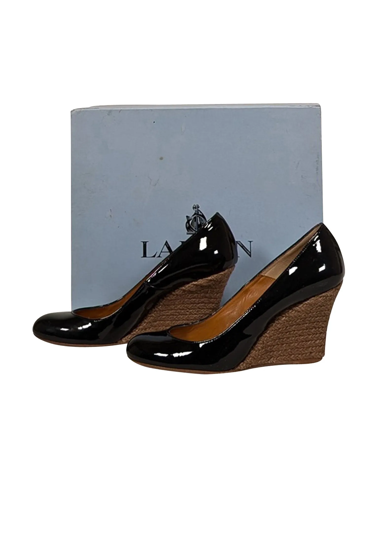 Lanvin - Black Patent Leather Espadrille Wedges Sz 8