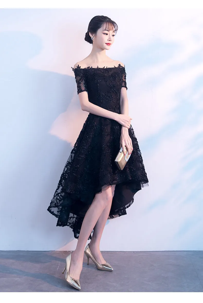 Lovely Black Lace Off Shoulder Bridesmaid Dress, Lace Off Shoulder Black Party Dress