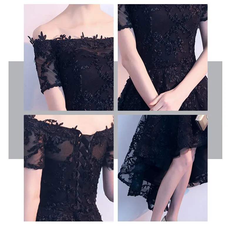 Lovely Black Lace Off Shoulder Bridesmaid Dress, Lace Off Shoulder Black Party Dress