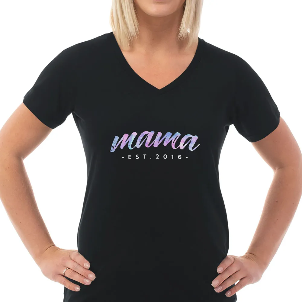 Custom Mama Est V Neck Tee for Women