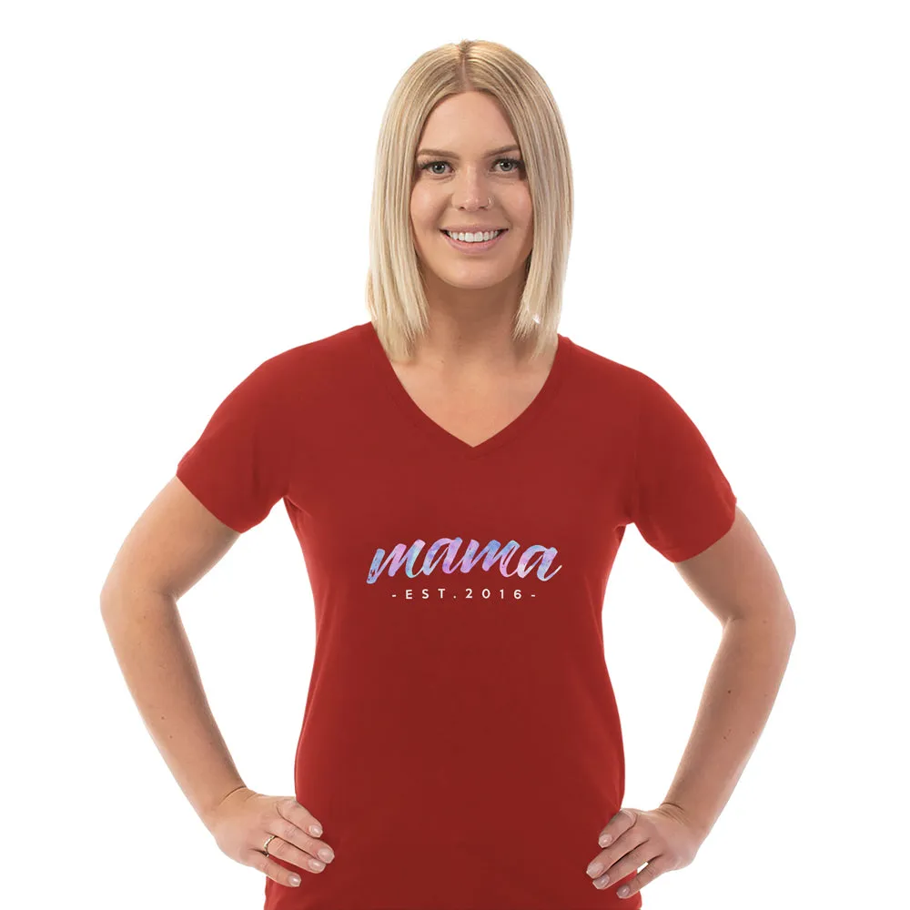 Custom Mama Est V Neck Tee for Women