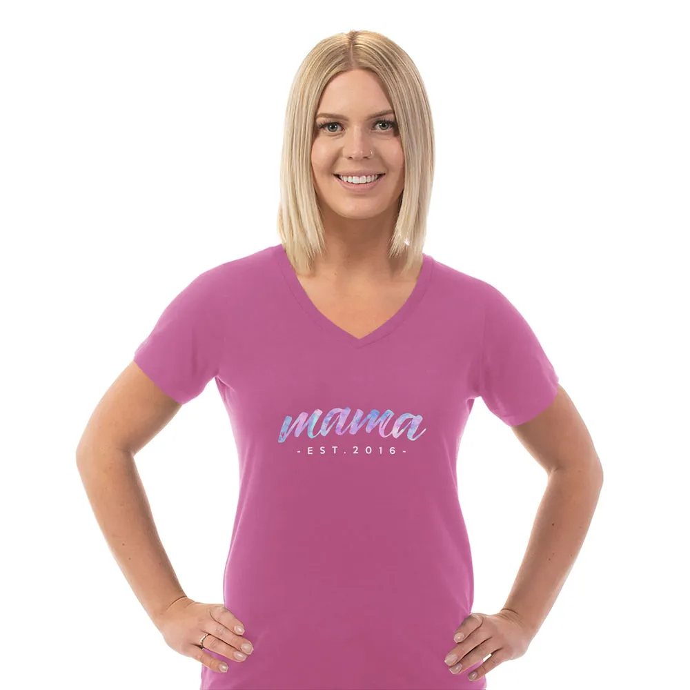 Custom Mama Est V Neck Tee for Women