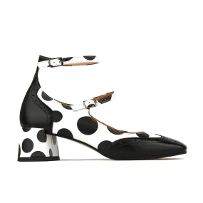 MARY JANE POLKA - Women's block heel square toe heel in white & black polka