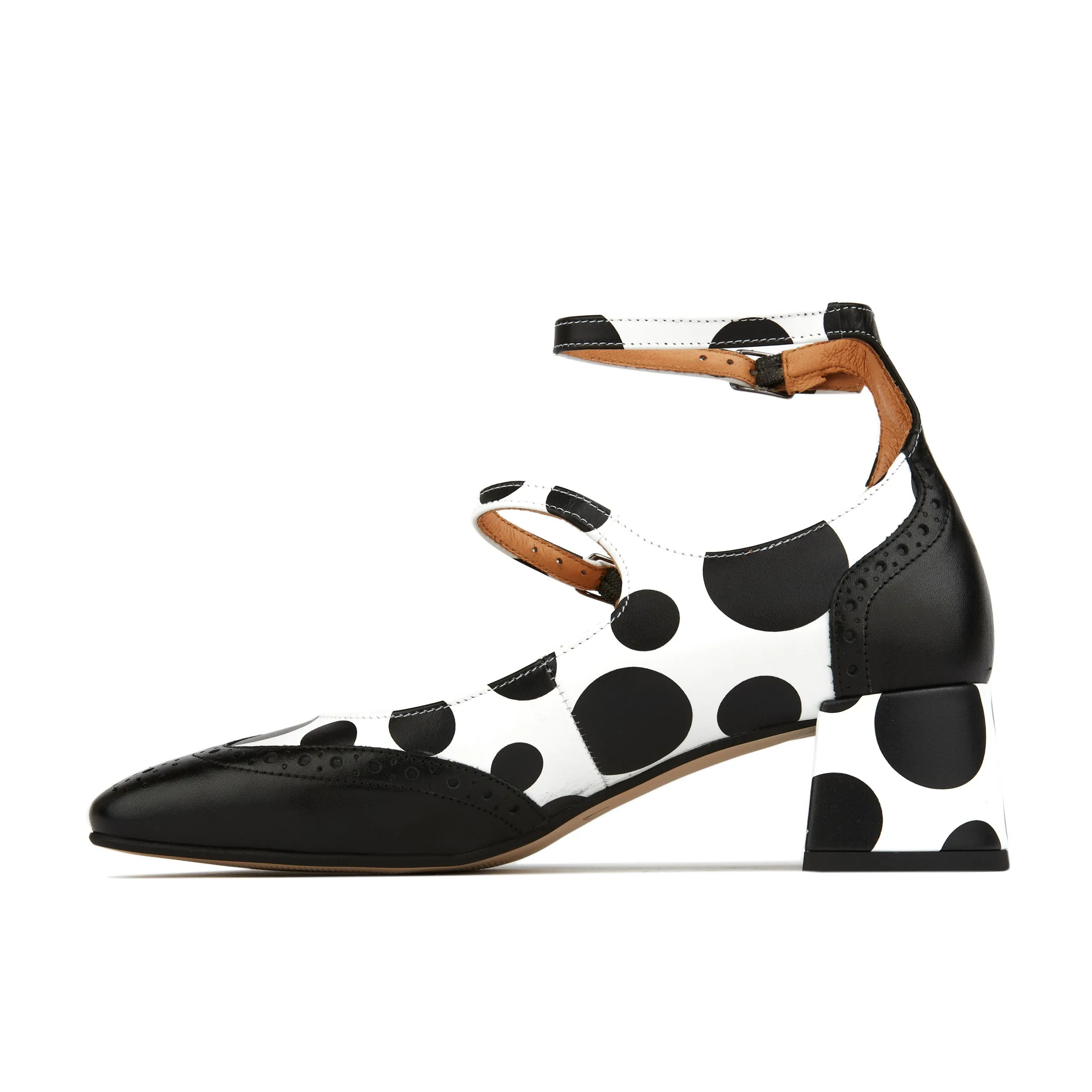 MARY JANE POLKA - Women's block heel square toe heel in white & black polka