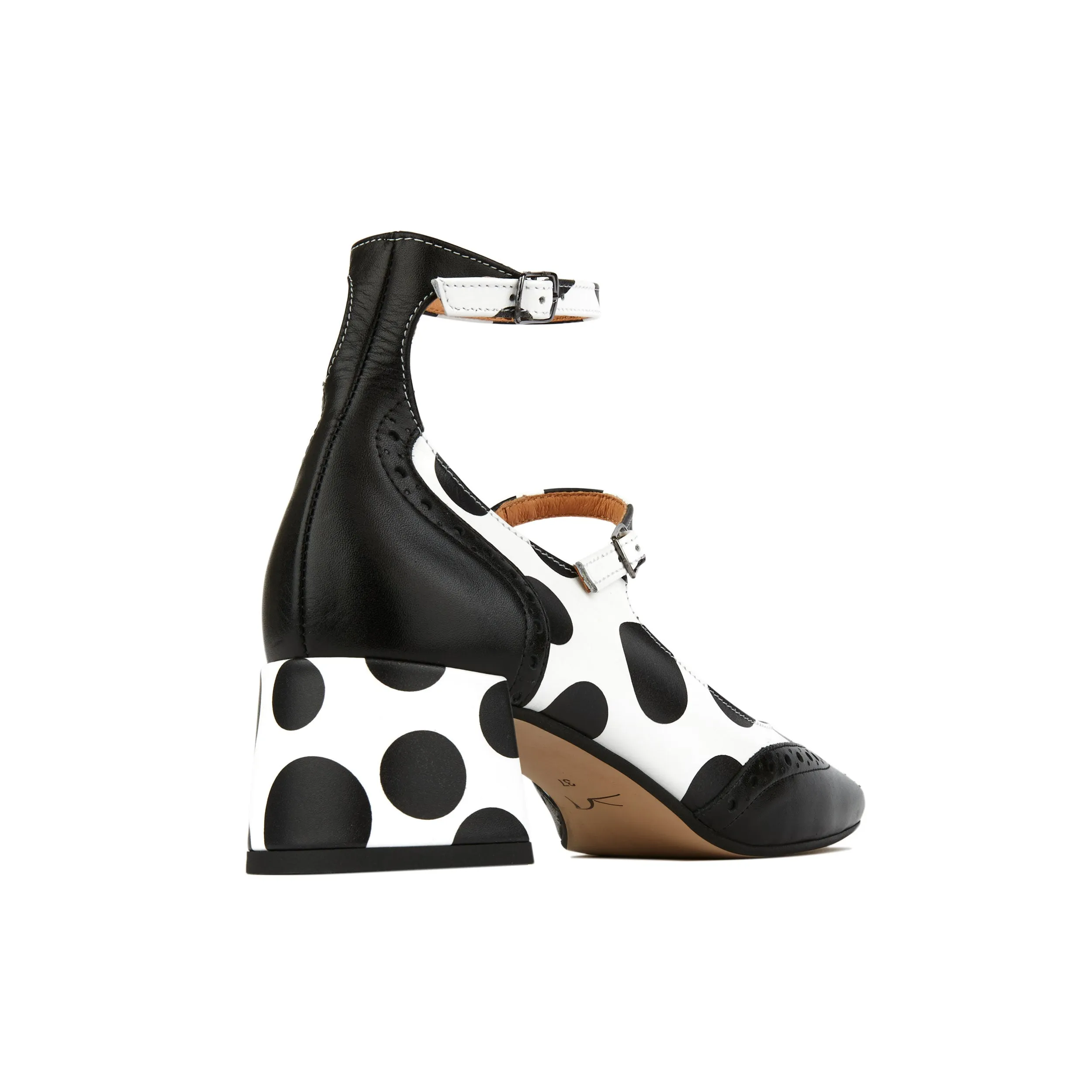 MARY JANE POLKA - Women's block heel square toe heel in white & black polka