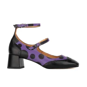 Mary Jane Purple Polka - Block heel leather shoes with double buckle straps