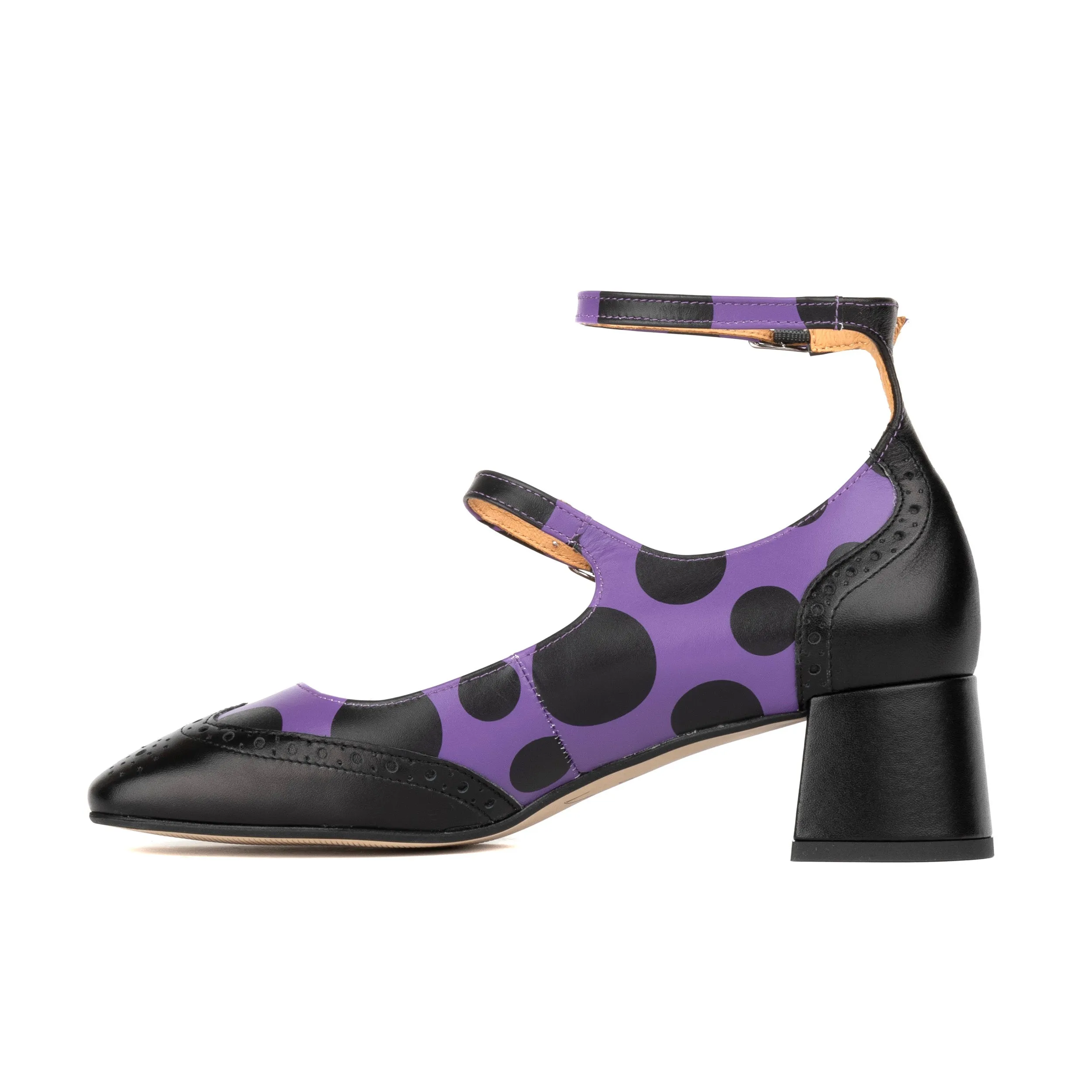 Mary Jane Purple Polka - Block heel leather shoes with double buckle straps