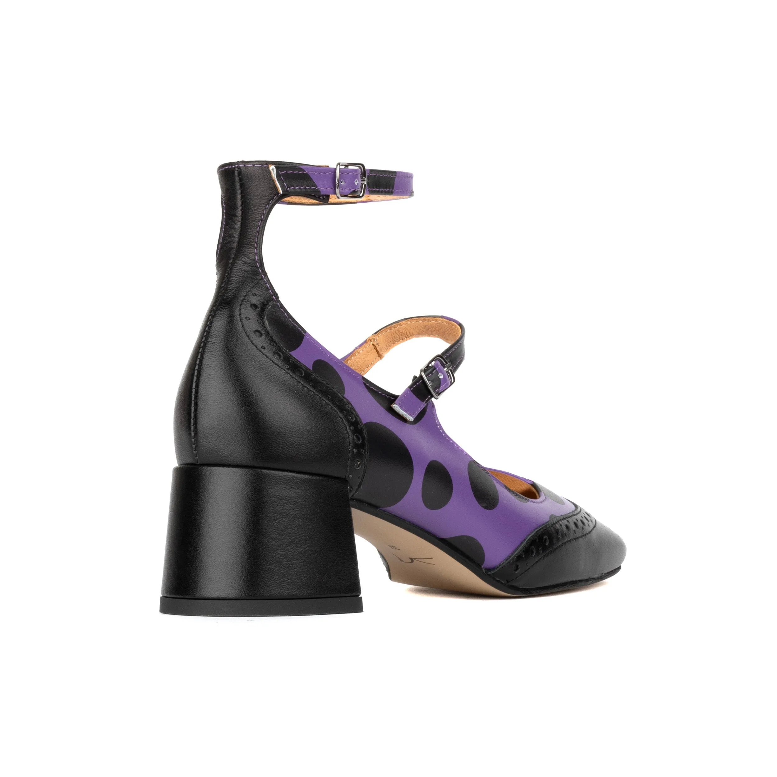 Mary Jane Purple Polka - Block heel leather shoes with double buckle straps