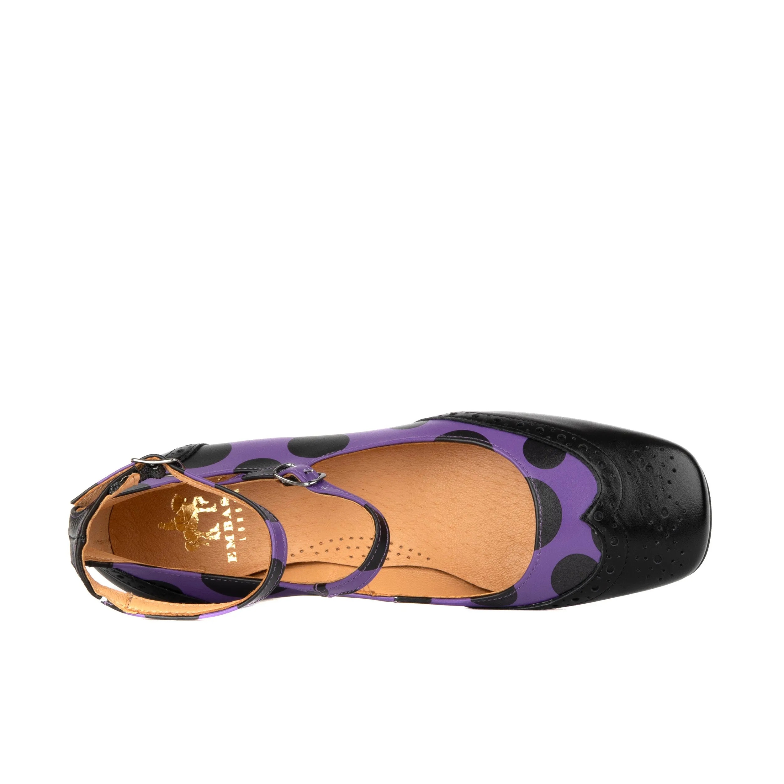 Mary Jane Purple Polka - Block heel leather shoes with double buckle straps