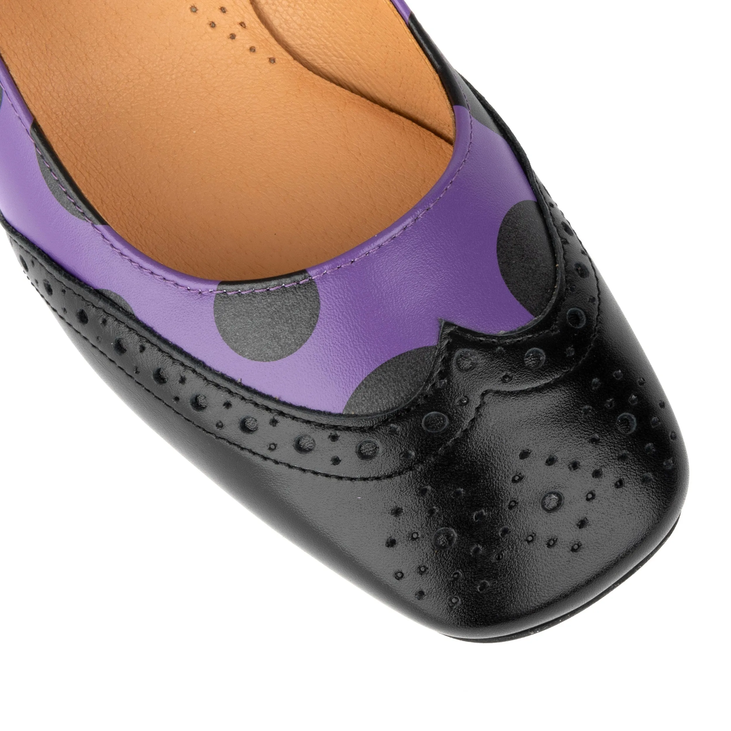 Mary Jane Purple Polka - Block heel leather shoes with double buckle straps