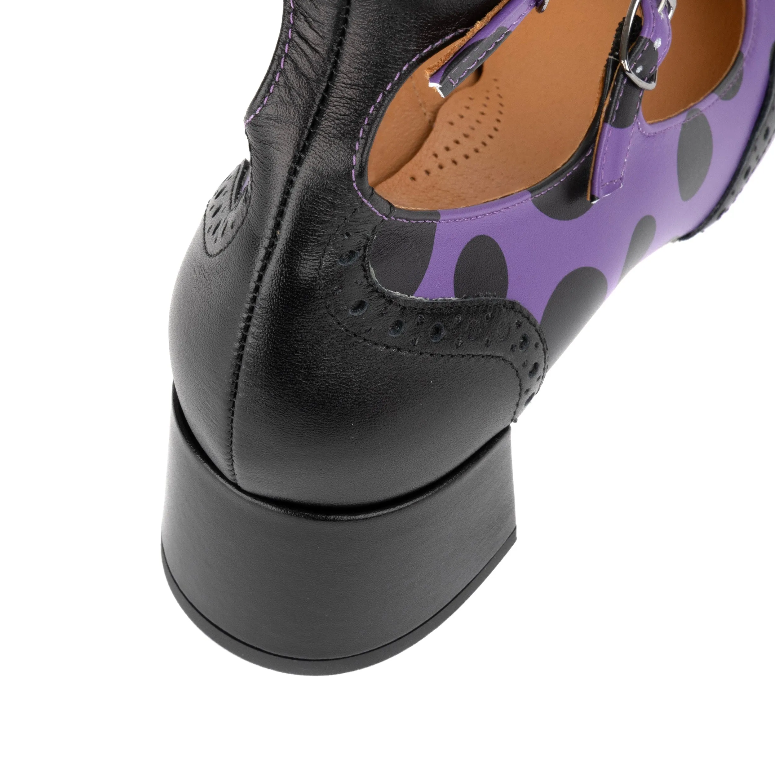 Mary Jane Purple Polka - Block heel leather shoes with double buckle straps