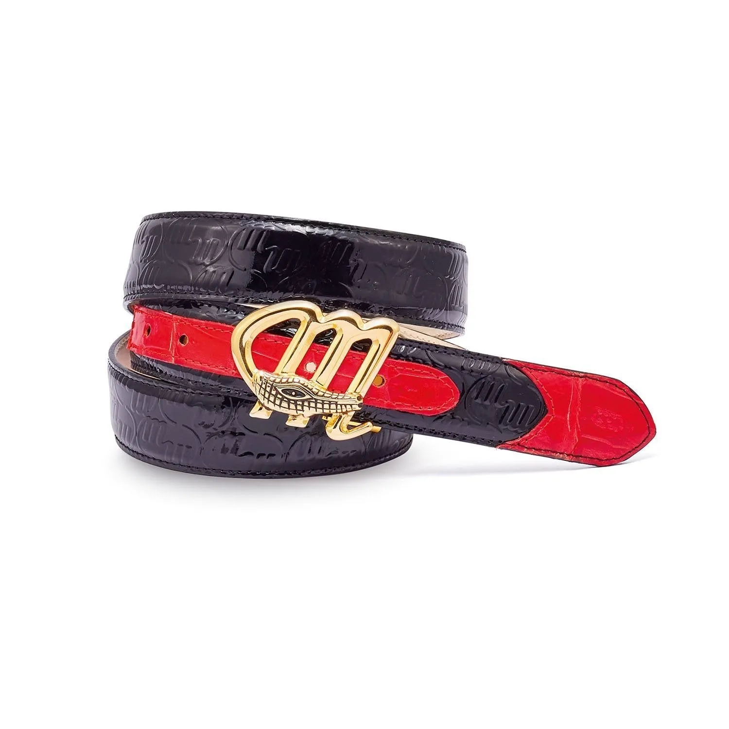 Mauri AB6 Men's Black & Red Golden Buckle Exotic Crocodile / Patent Embossed Leather Belt (MAB1021)