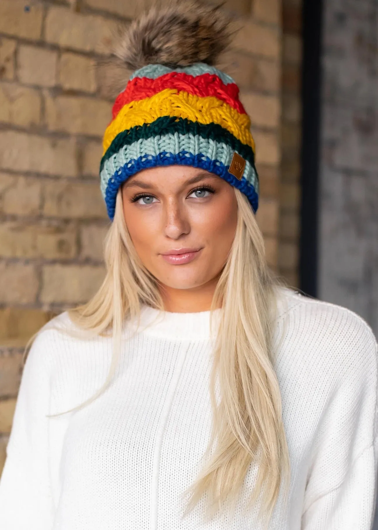 Multicolor Stripe Knit Hat with Pom