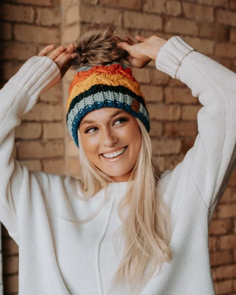 Multicolor Stripe Knit Hat with Pom