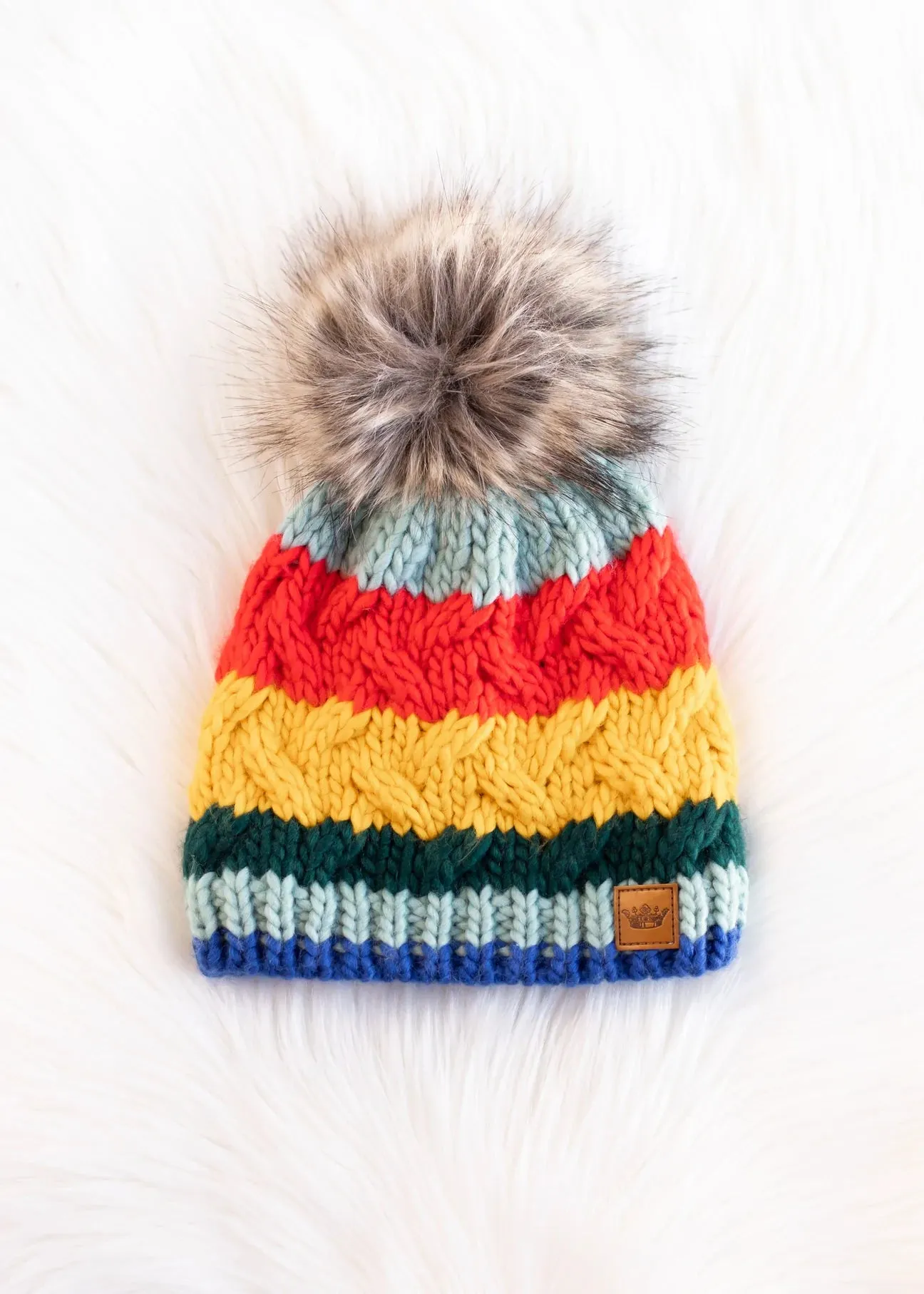 Multicolor Stripe Knit Hat with Pom