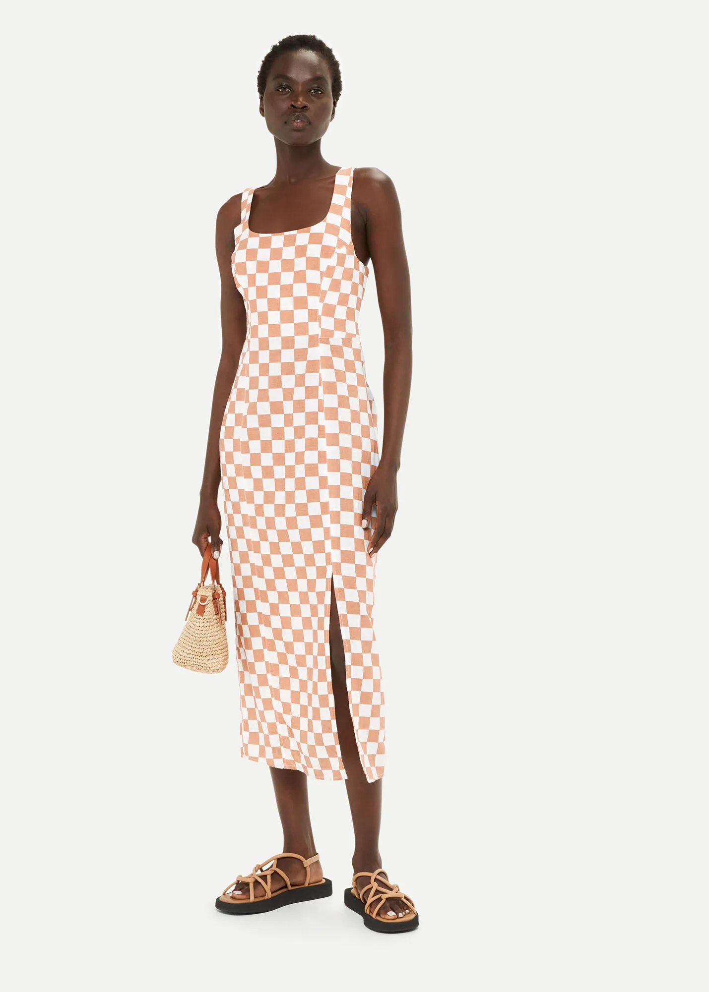 Multicolour Linen Blend Checkerboard Dress