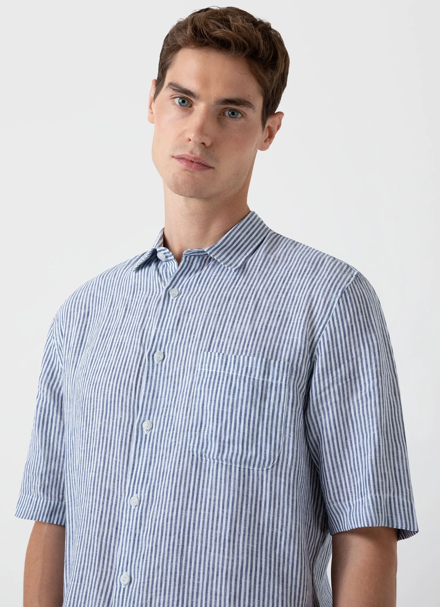 Navy and White Classic Stripe Men's Short Sleeve Linen Shirt