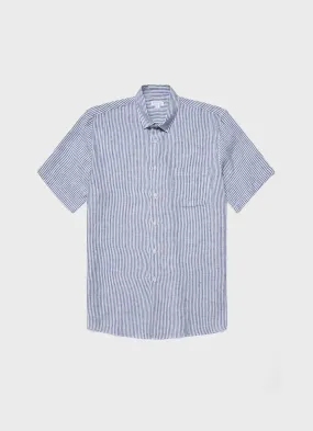 Navy and White Classic Stripe Men's Short Sleeve Linen Shirt