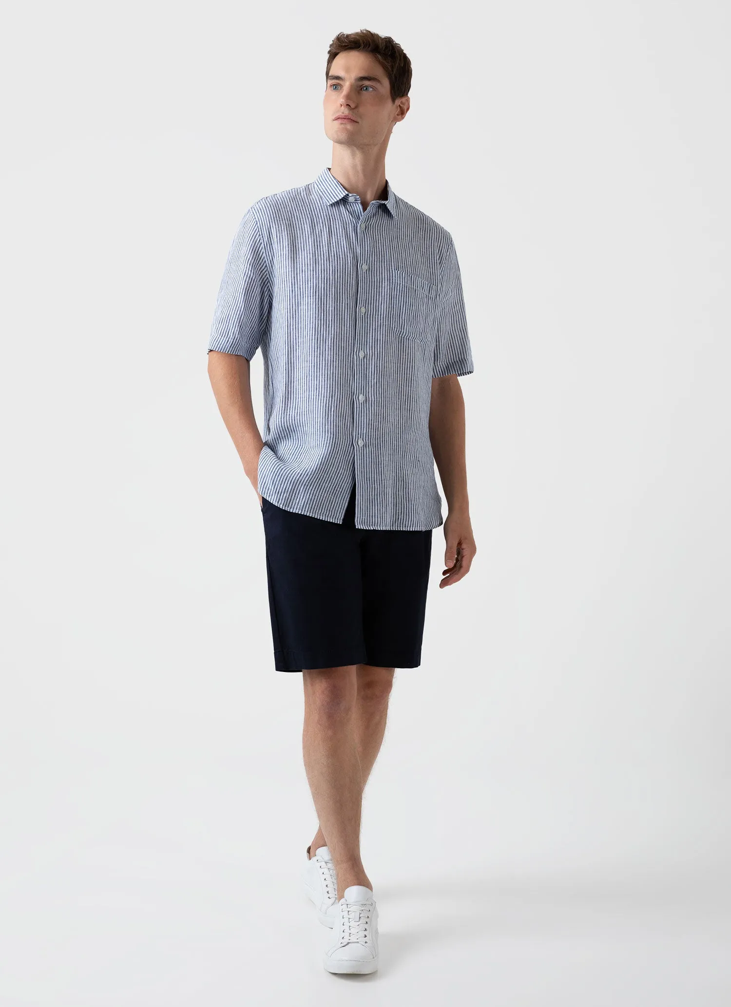 Navy and White Classic Stripe Men's Short Sleeve Linen Shirt