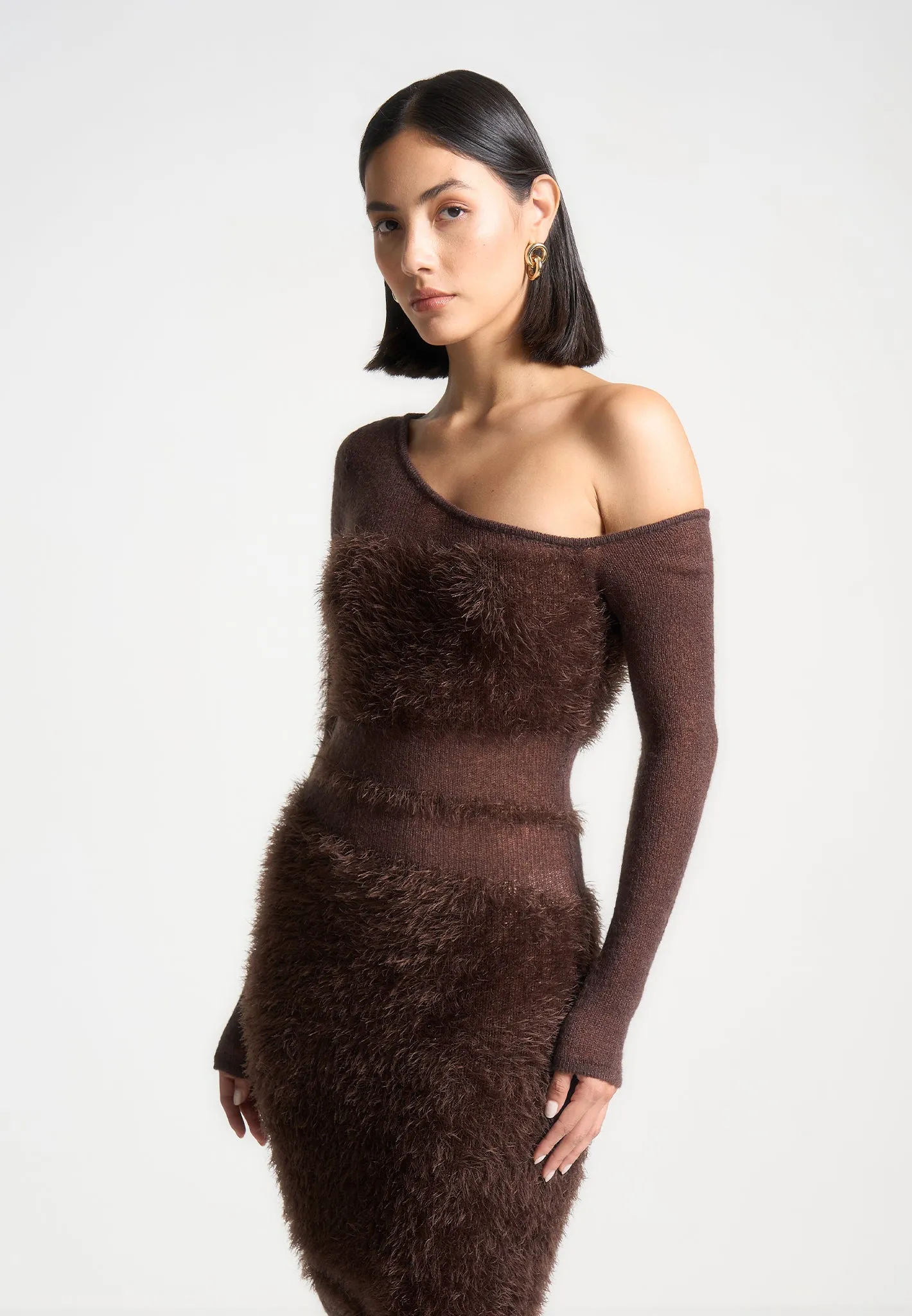 Off Shoulder Knitted Maxi Dress - Brown