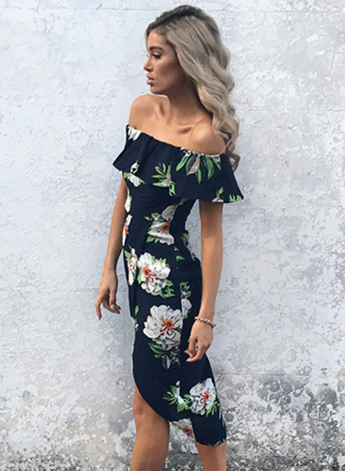 Off Shoulder Ruffle Slit Irregular Dress