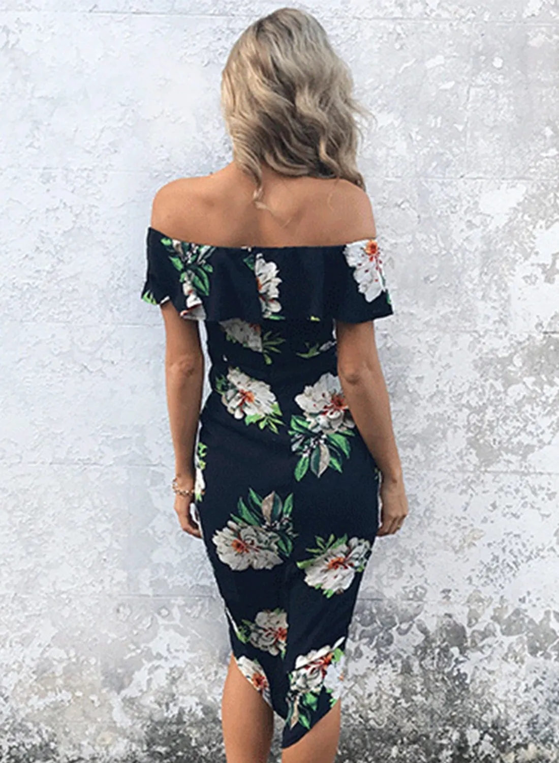 Off Shoulder Ruffle Slit Irregular Dress