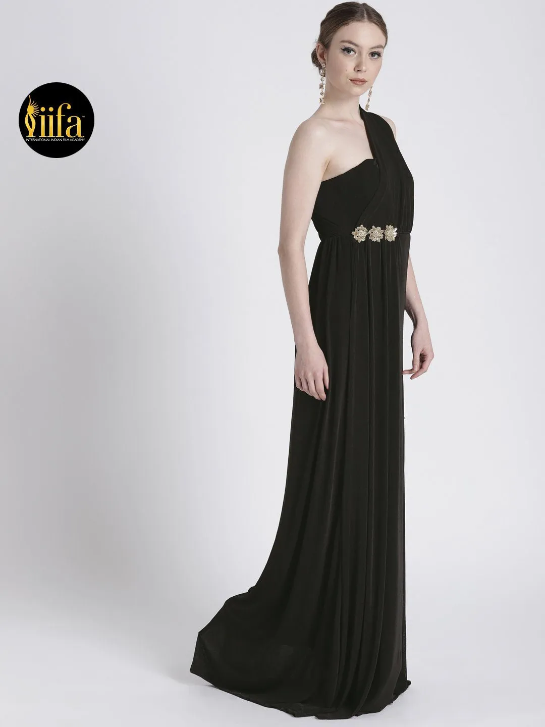 One Shoulder Black Gown with Waist Detail