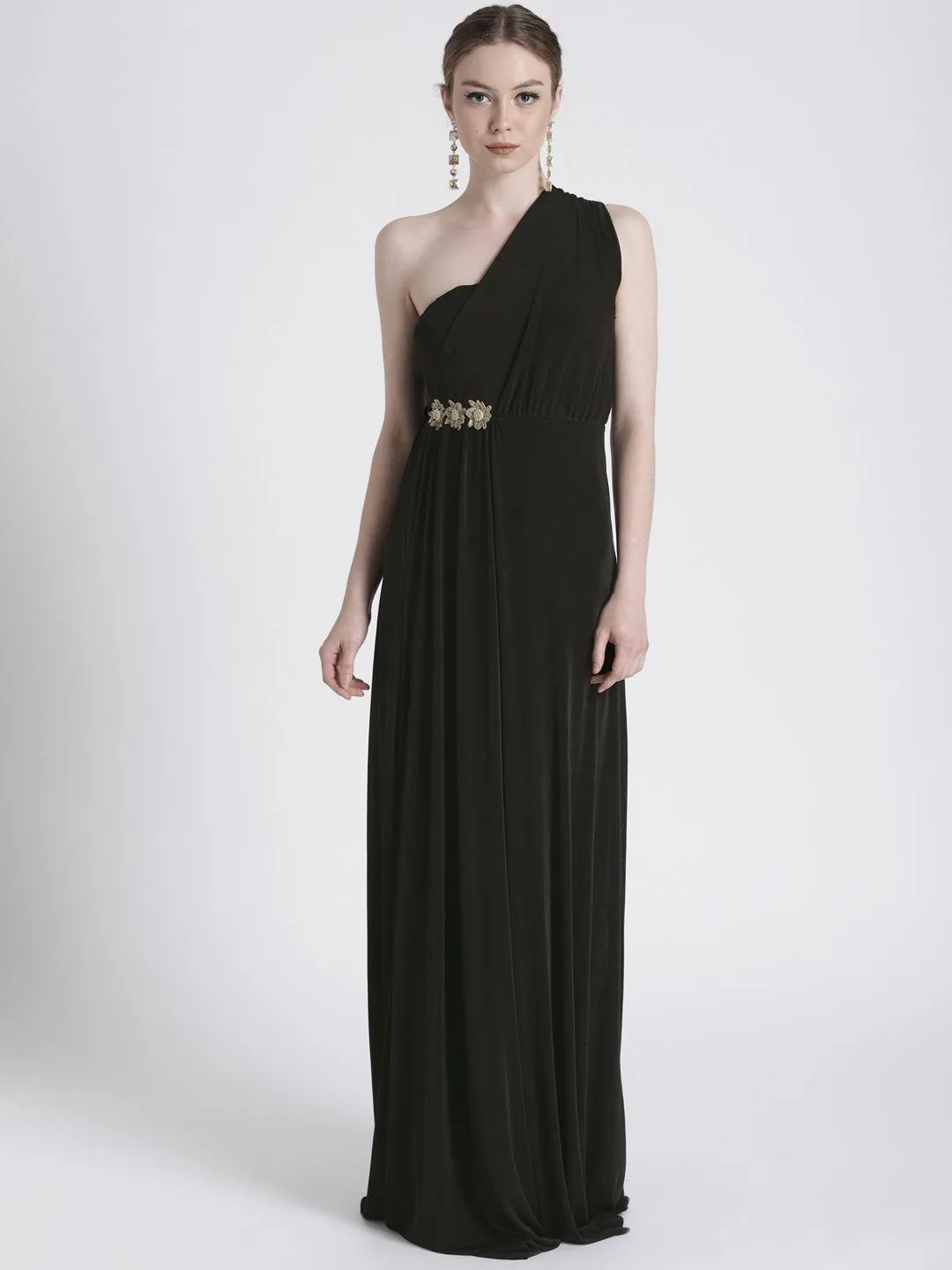 One Shoulder Black Gown with Waist Detail