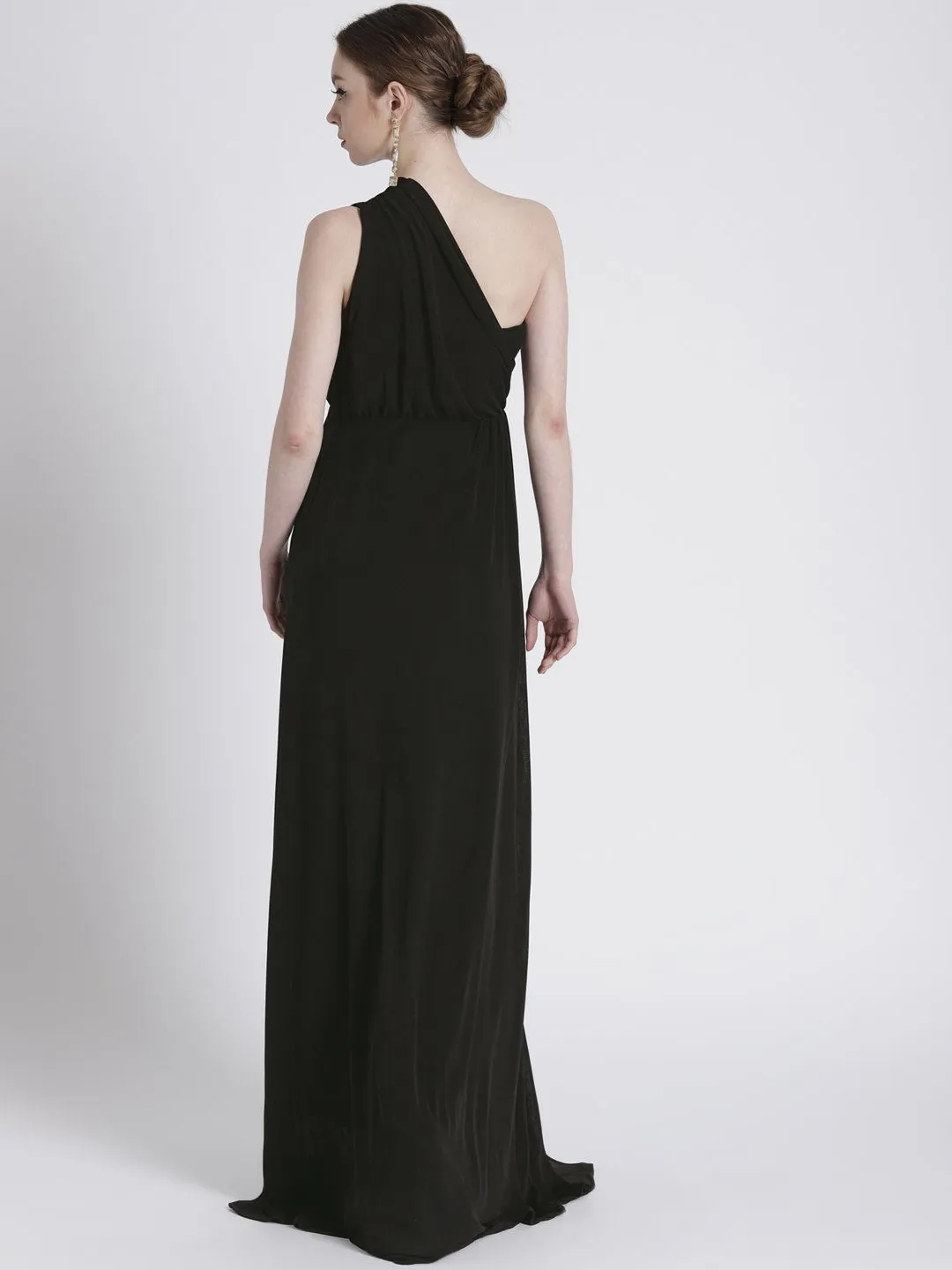 One Shoulder Black Gown with Waist Detail