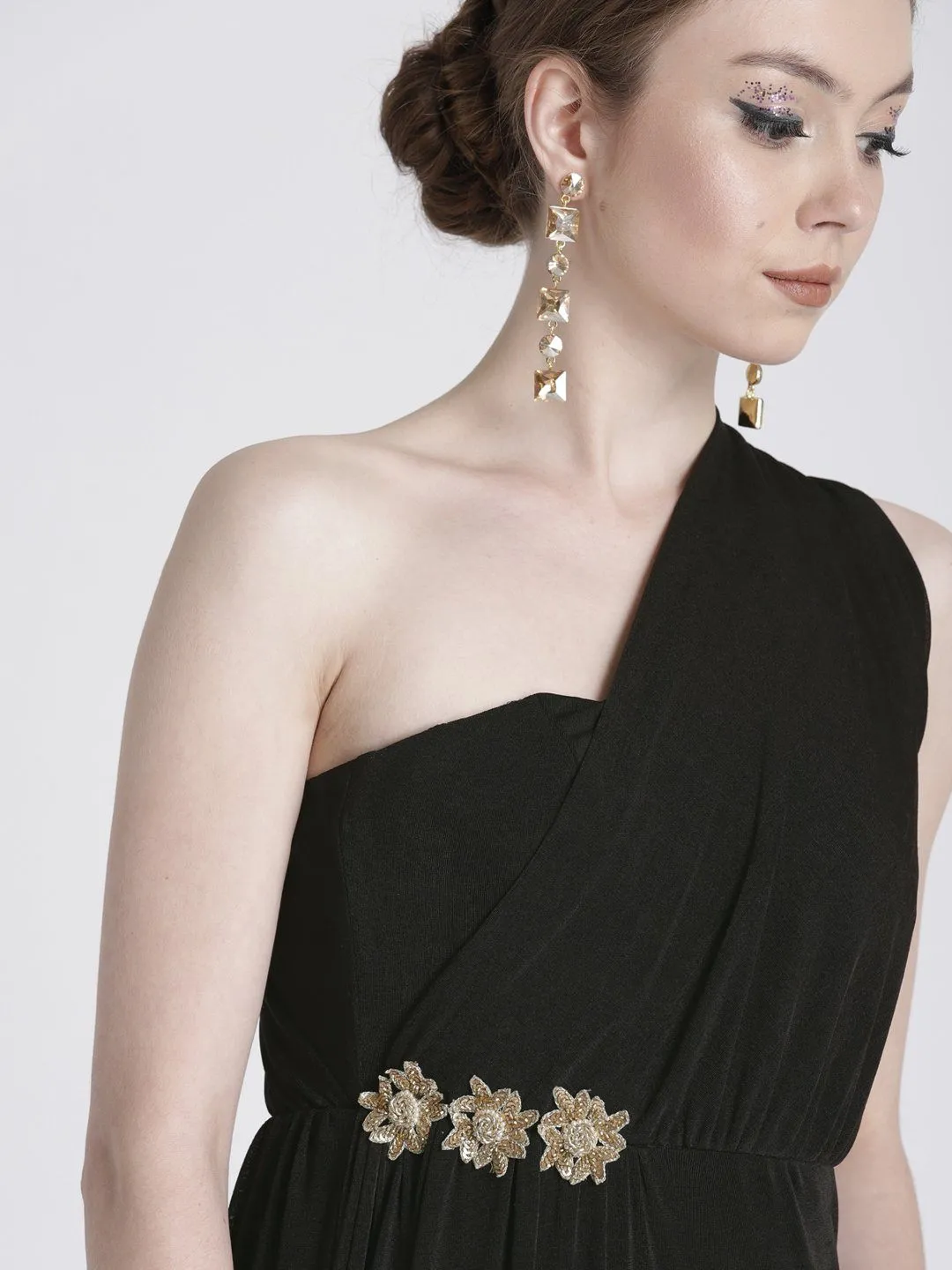 One Shoulder Black Gown with Waist Detail