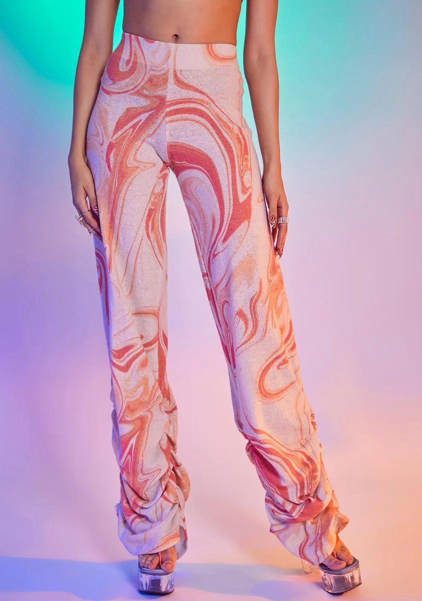 Orange Swirl Ruched Hem Printed Knit Joggers-