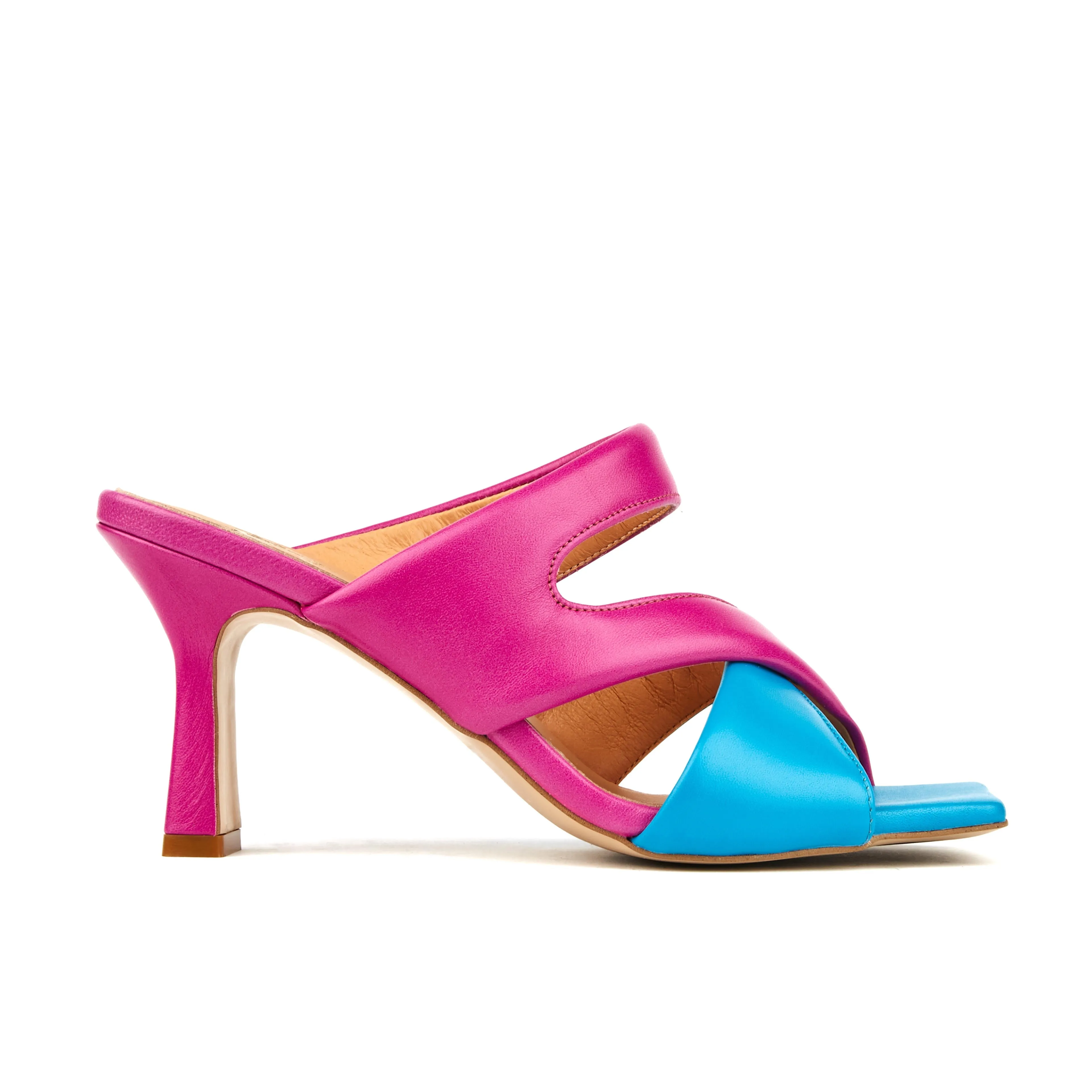 ORIANNA MIAMI BLUE PINK - Women's square toe wide straps leather heel slide sandal