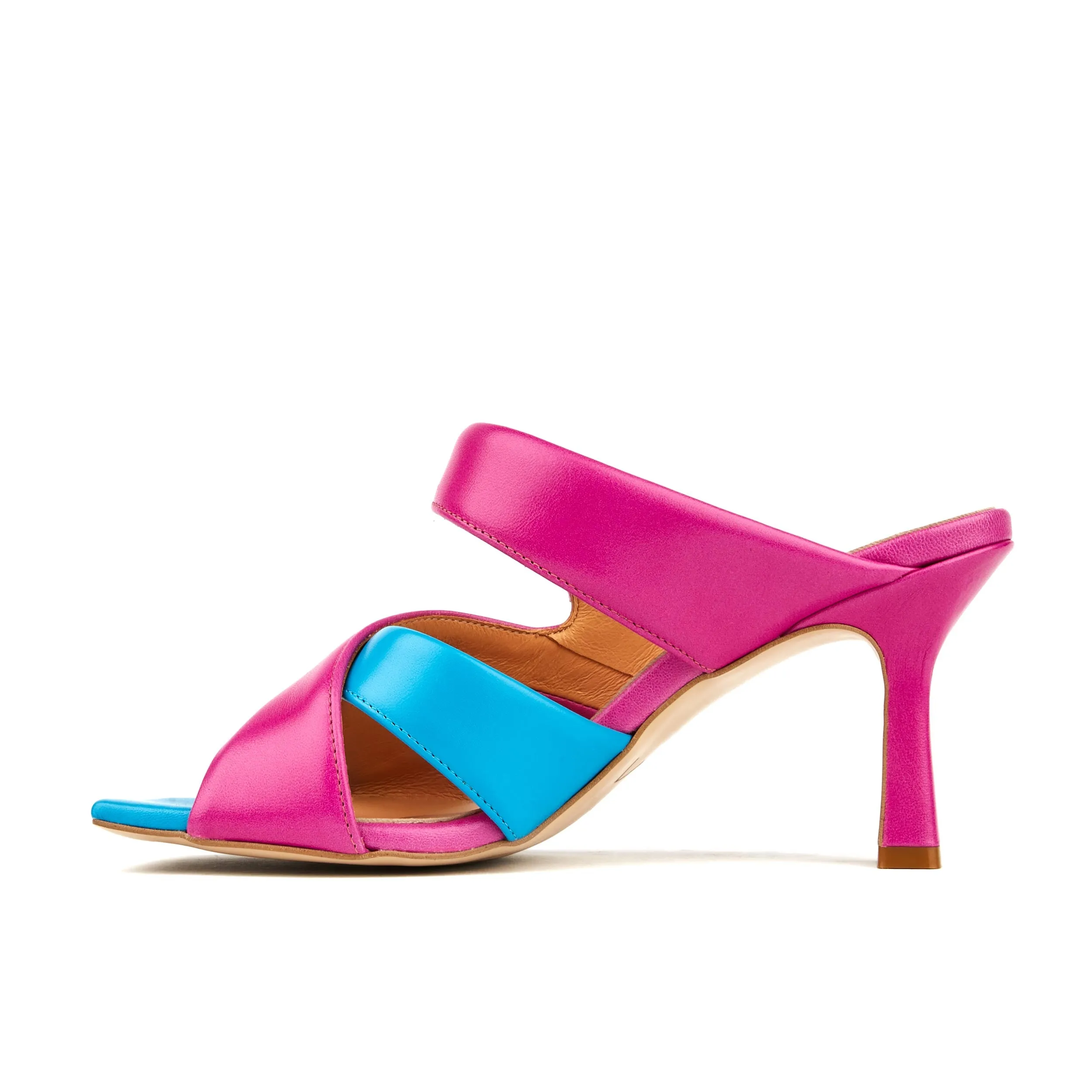 ORIANNA MIAMI BLUE PINK - Women's square toe wide straps leather heel slide sandal