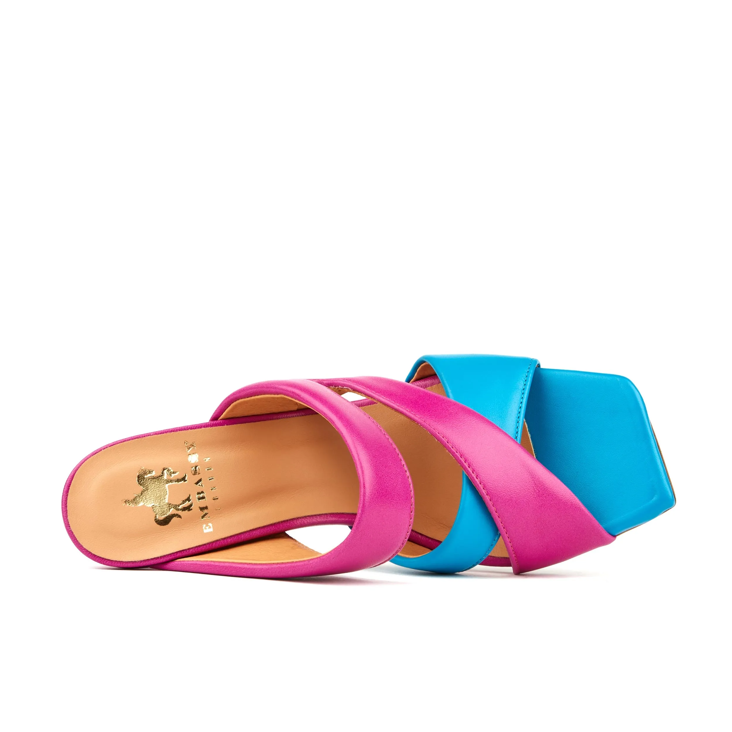 ORIANNA MIAMI BLUE PINK - Women's square toe wide straps leather heel slide sandal