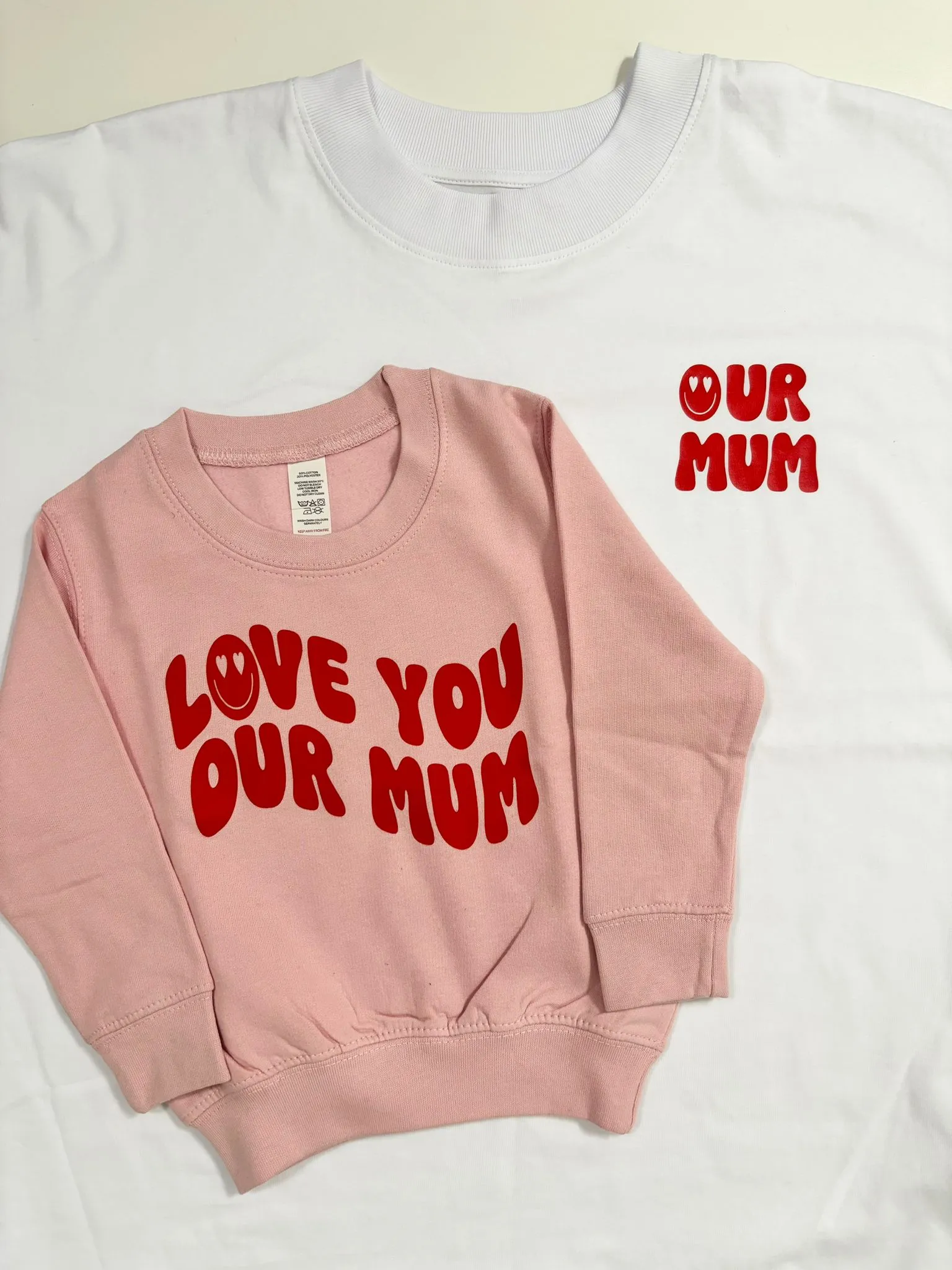 Albie kids pink cherry sweatshirt with 'Love You Mum' design