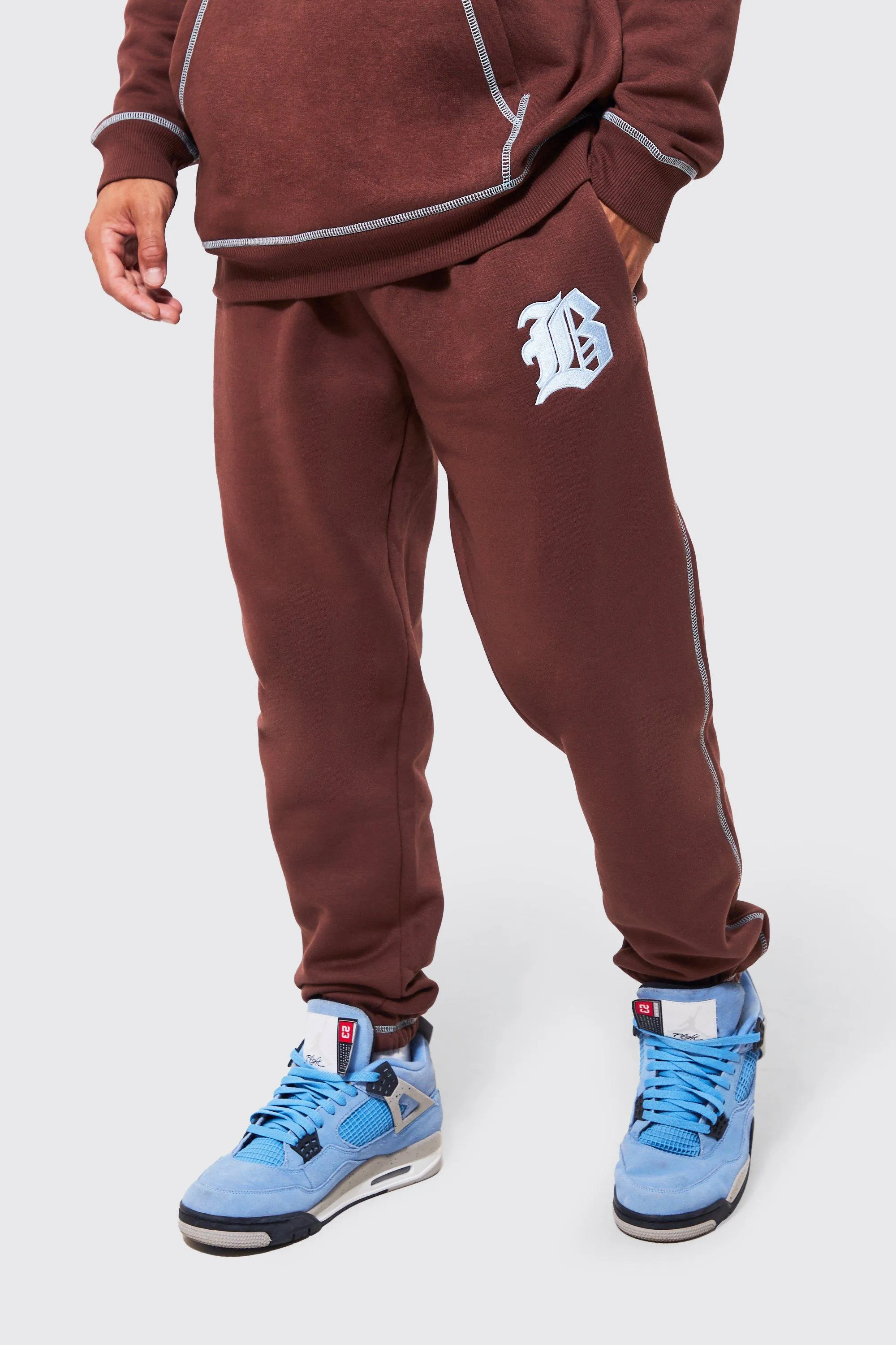 Oversized Contrast Stitch Graphic Joggers | boohooMAN UK