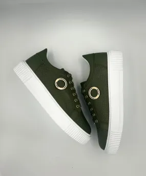 Green Leather Low-Top Sneakers with Gold Ring and Perforated Side